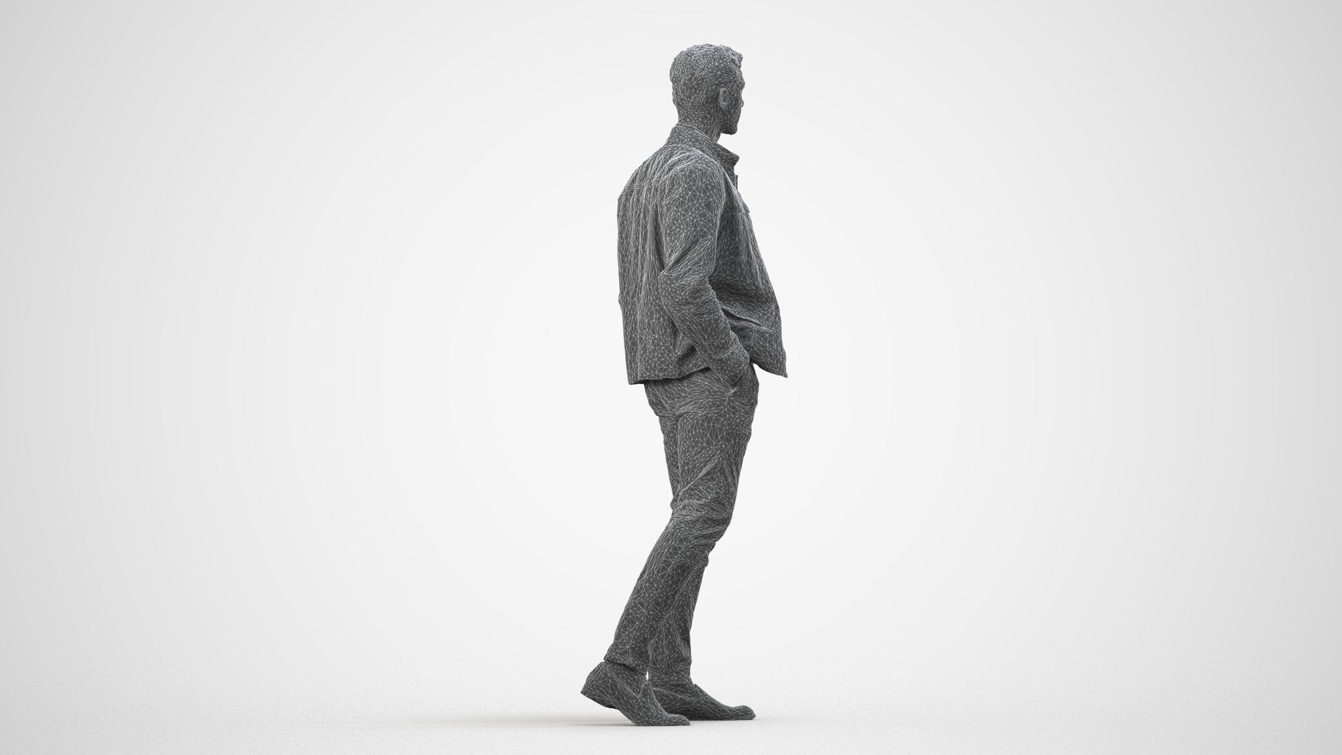 3D human model man casual walking, photogrammetry scanned person for archviz, wireframe side view