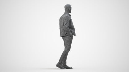 3D human model man casual walking, photogrammetry scanned person for archviz, wireframe side view