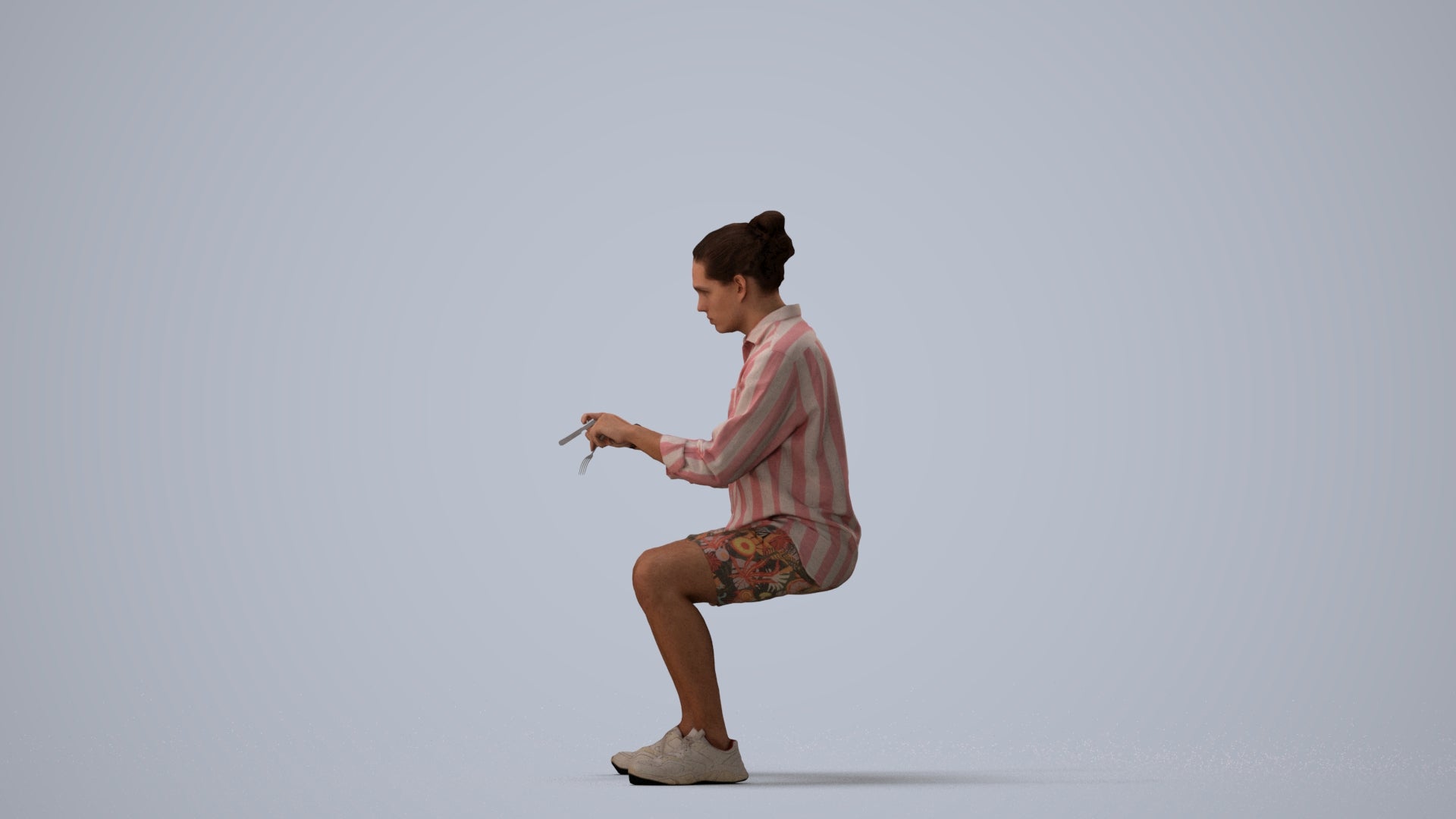 3D people model man casual sitting, scanned human for 3ds Max rendering, three-quarter view render