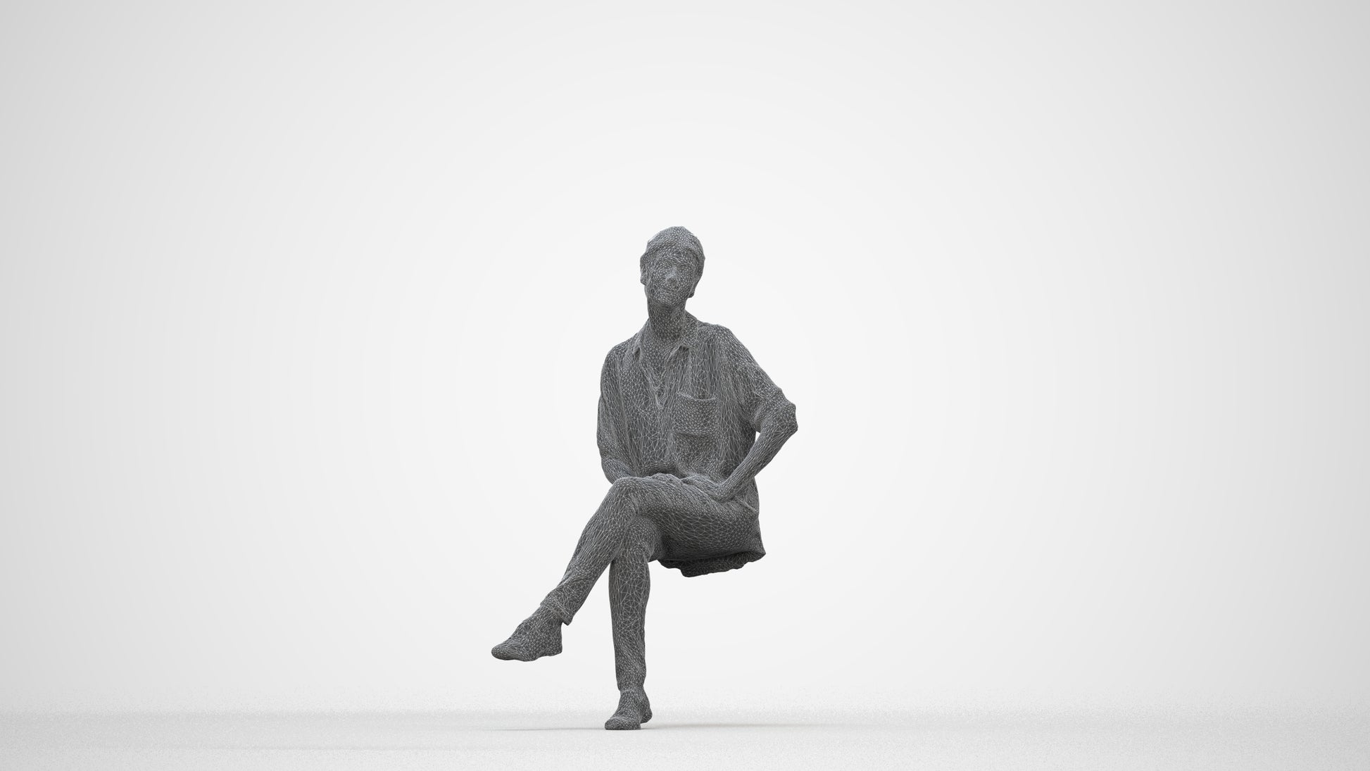 3D scanned woman sitting casual, photorealistic archviz people for Enscape and SketchUp, wireframe back view