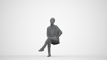 3D scanned woman sitting casual, photorealistic archviz people for Enscape and SketchUp, wireframe back view