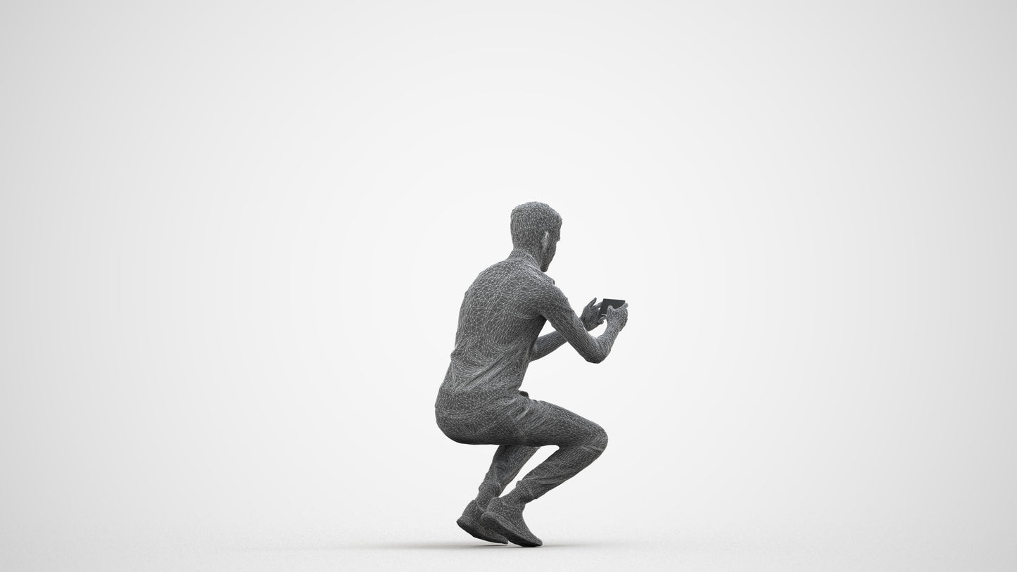 realistic 3D man casual sitting, scanned archviz people for Blender and 3ds Max, wireframe side view