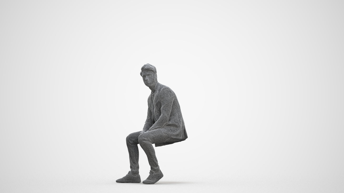 3D people model man casual sitting, scanned human for 3ds Max rendering, three-quarter front view render