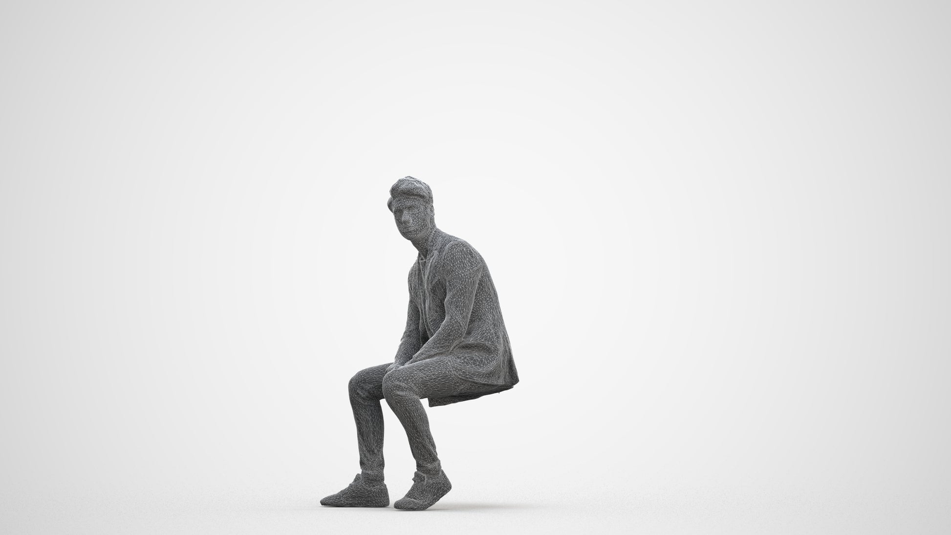 3D people model man casual sitting, scanned human for 3ds Max rendering, three-quarter front view render