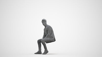 3D people model man casual sitting, scanned human for 3ds Max rendering, three-quarter front view render