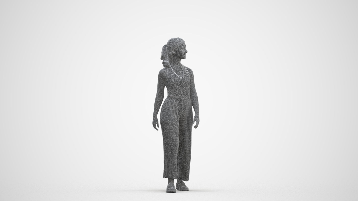 3D human model girl casual kids, photogrammetry scanned person for archviz, three-quarter front view render