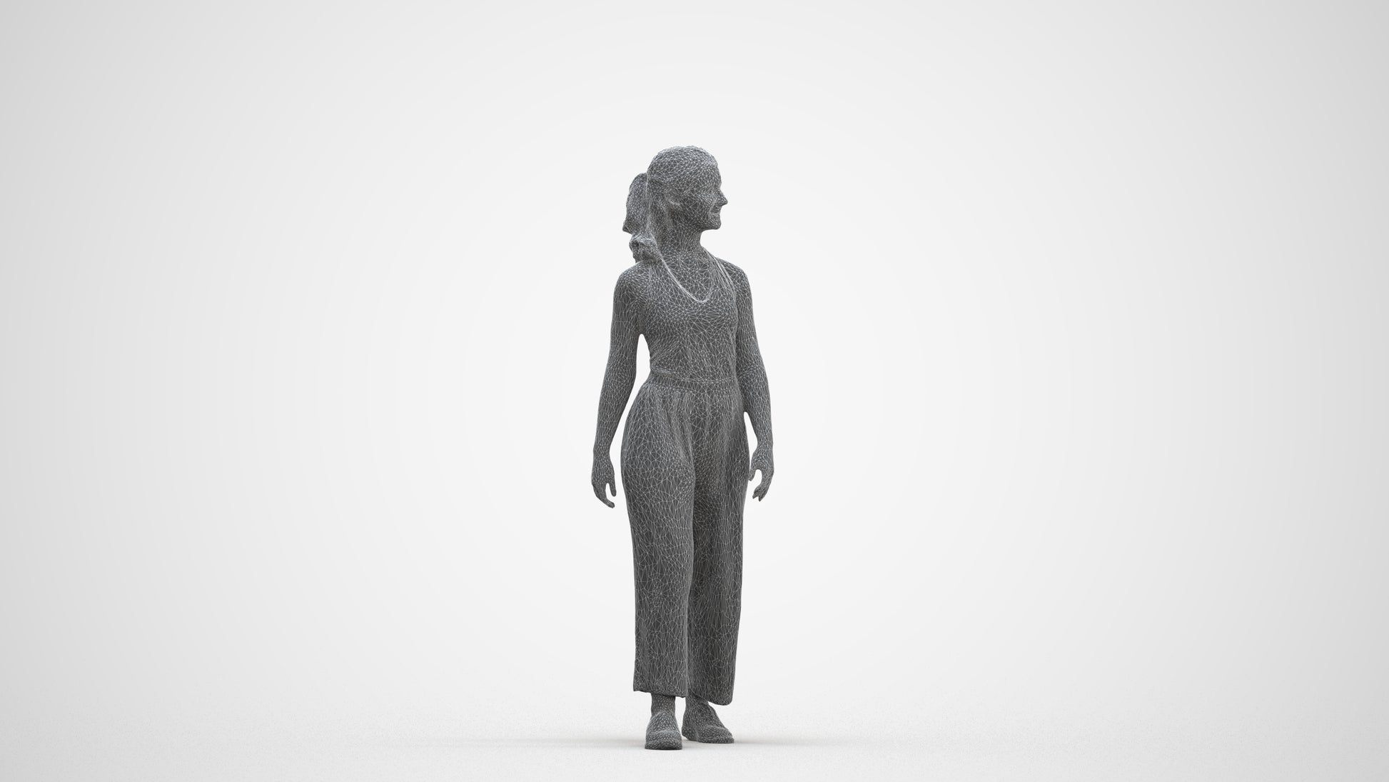 3D human model girl casual kids, photogrammetry scanned person for archviz, three-quarter front view render