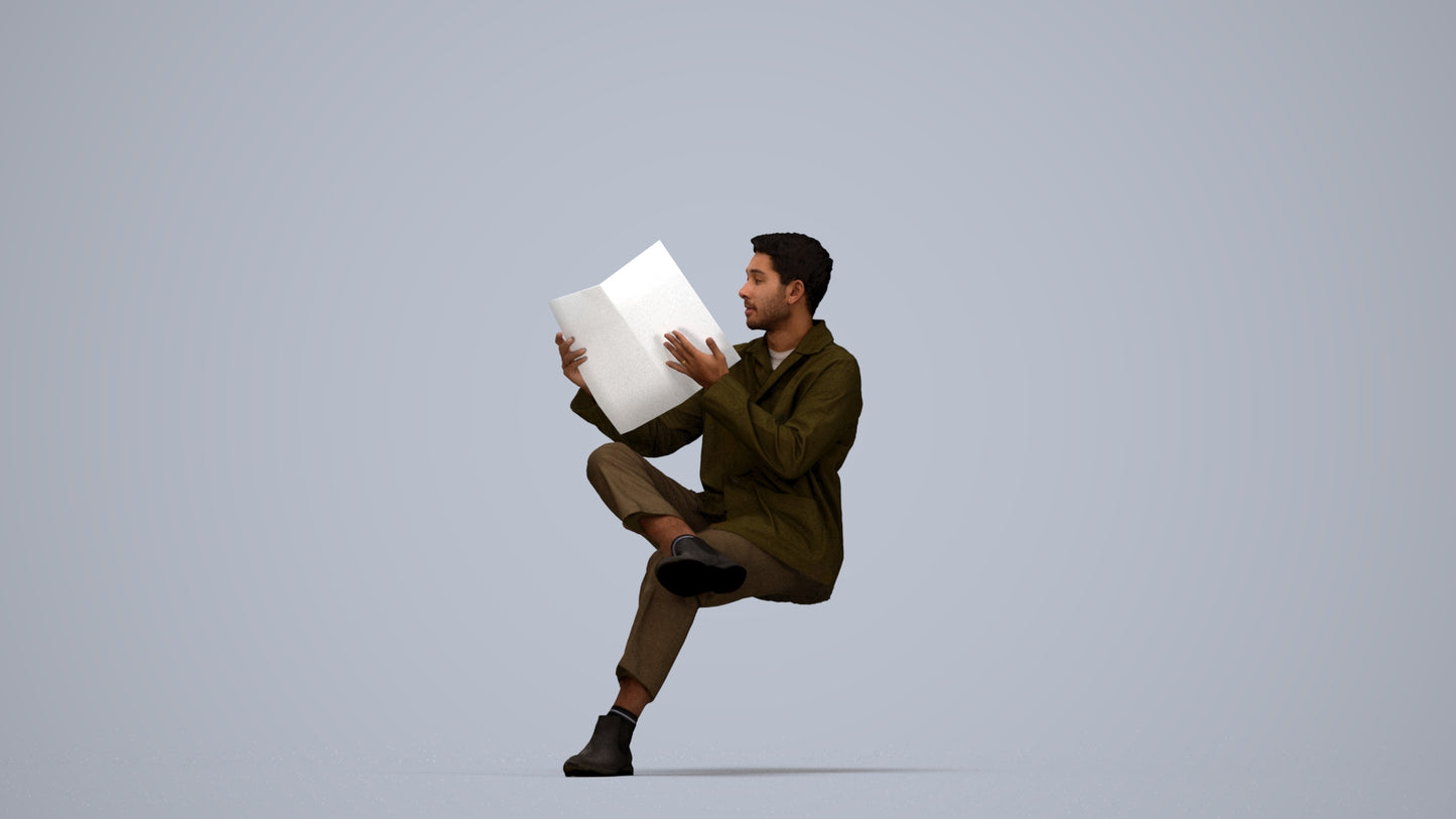 photogrammetry 3D man casual sitting, realistic human model archviz FBX, top-down view render