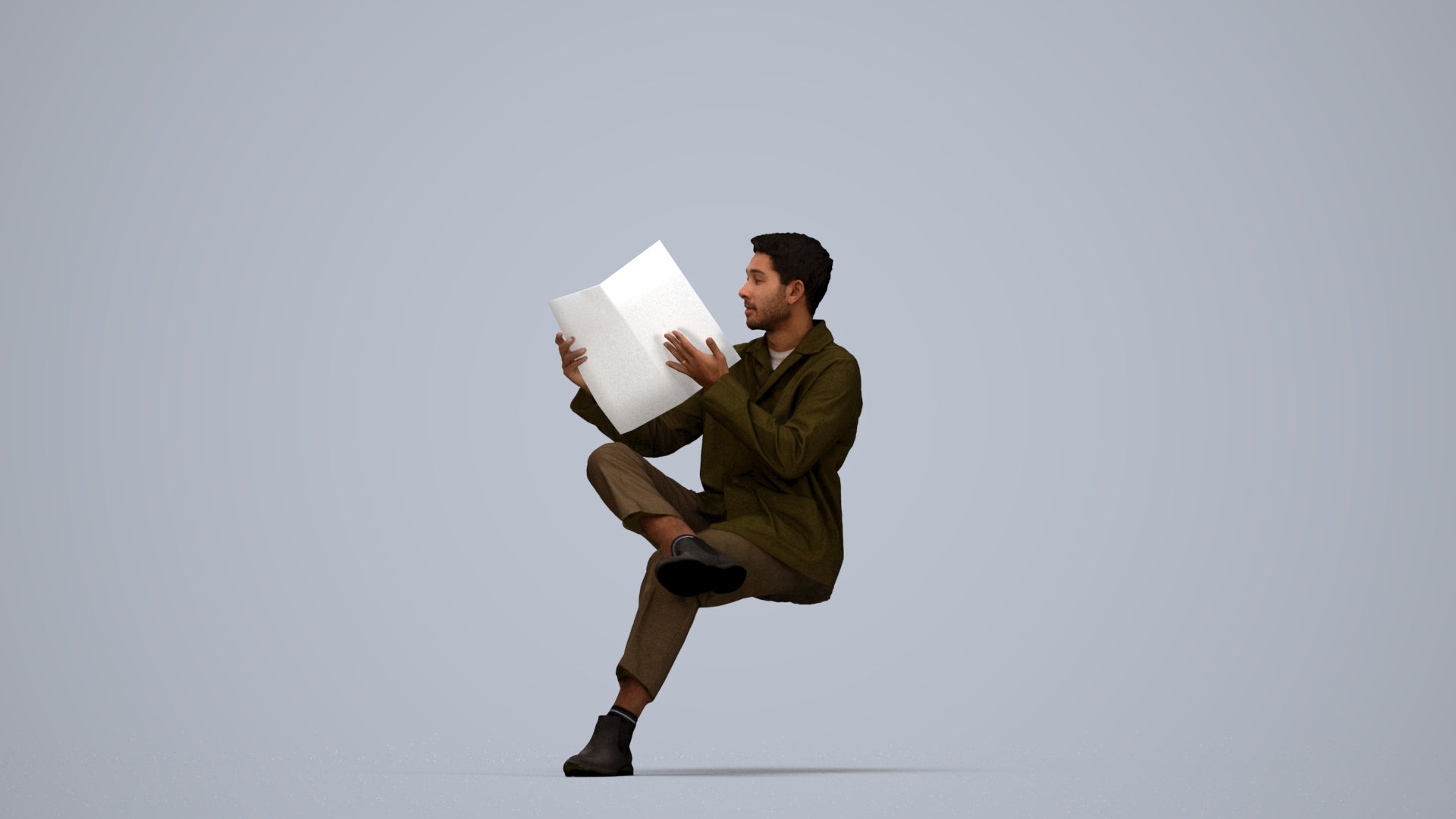 photogrammetry 3D man casual sitting, realistic human model archviz FBX, top-down view render