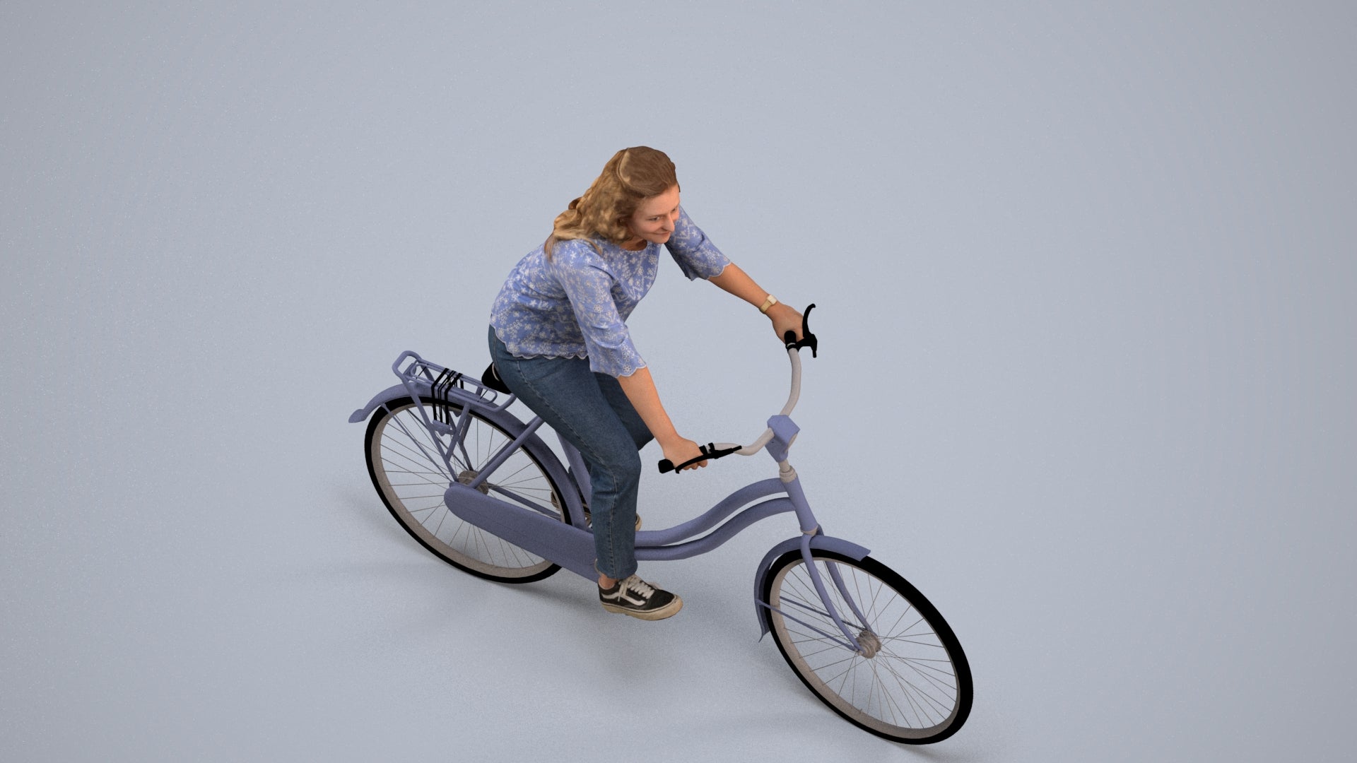 scanned 3D woman casual cycling, photogrammetry people for Enscape and V-Ray, back view render