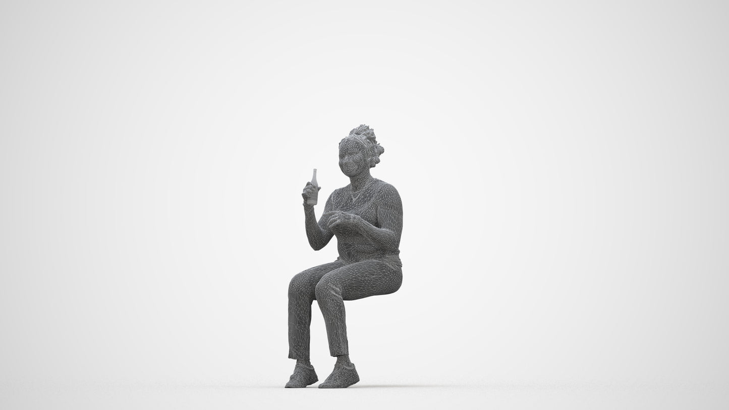 photogrammetry 3D woman casual sitting, realistic human model archviz FBX, wireframe back view