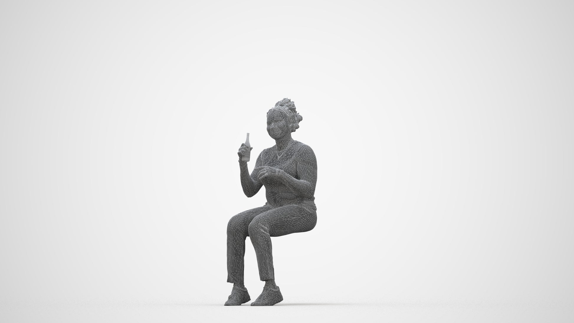 photogrammetry 3D woman casual sitting, realistic human model archviz FBX, wireframe back view