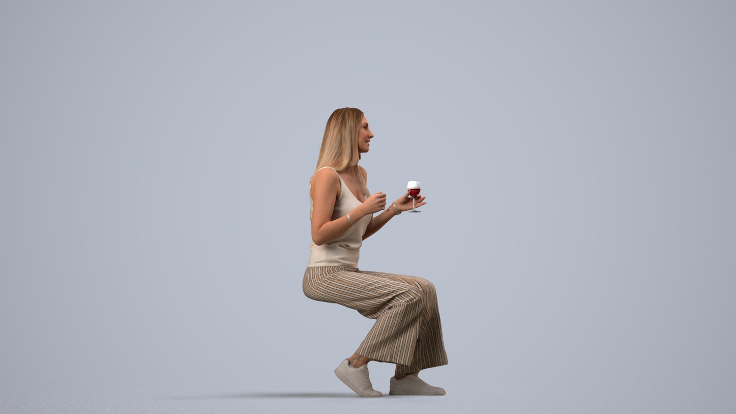 3D people model woman casual sitting, scanned human for 3ds Max rendering, side view render
