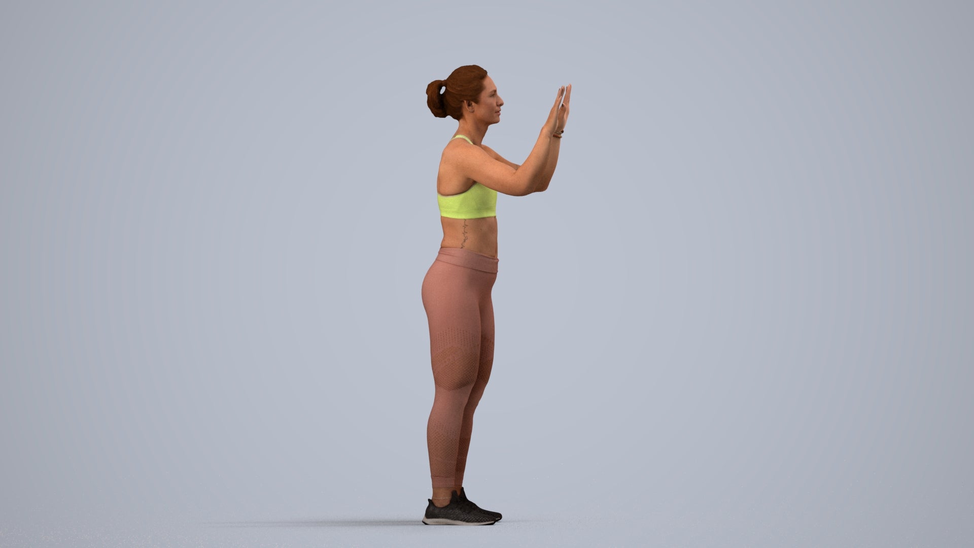 3D scanned woman sport, photorealistic archviz people for Enscape and SketchUp, side view render