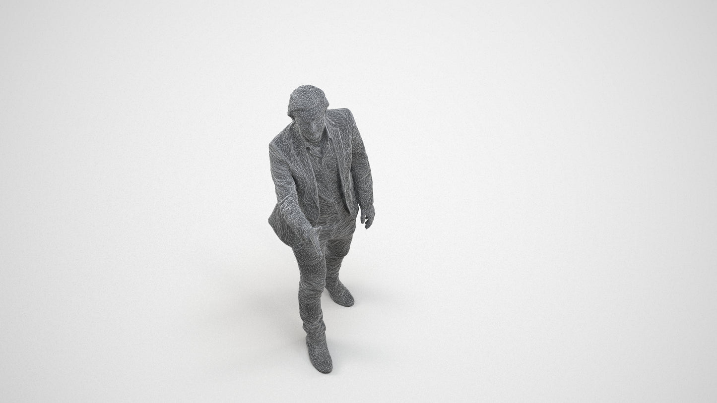 realistic 3D human man business, archviz people FBX OBJ for Blender, wireframe three-quarter view