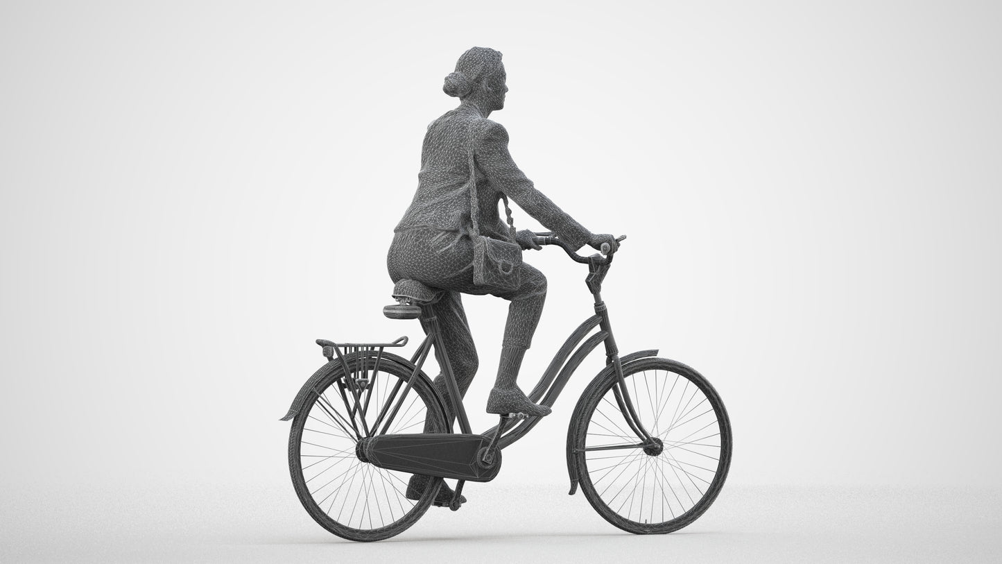 realistic 3D woman business cycling, scanned archviz people for Blender and 3ds Max, wireframe side view