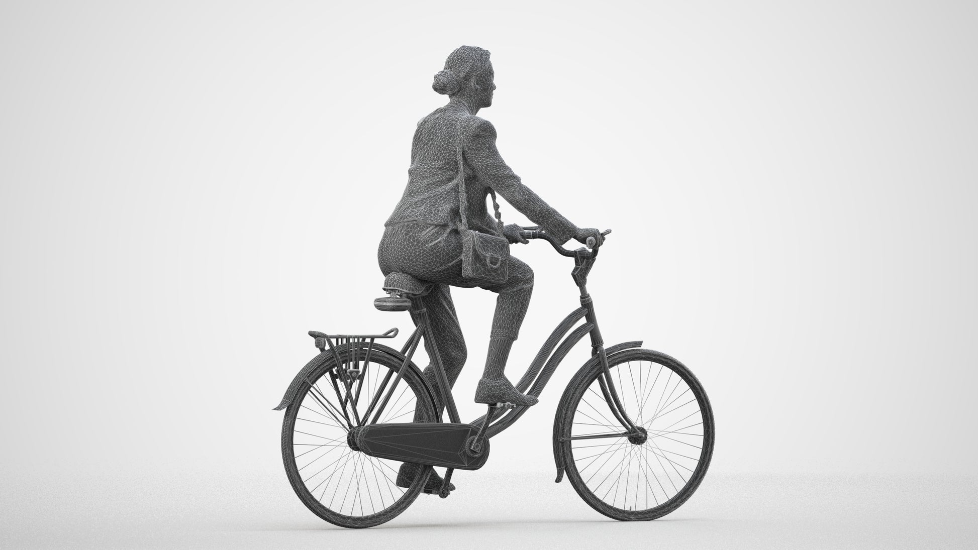 realistic 3D woman business cycling, scanned archviz people for Blender and 3ds Max, wireframe side view