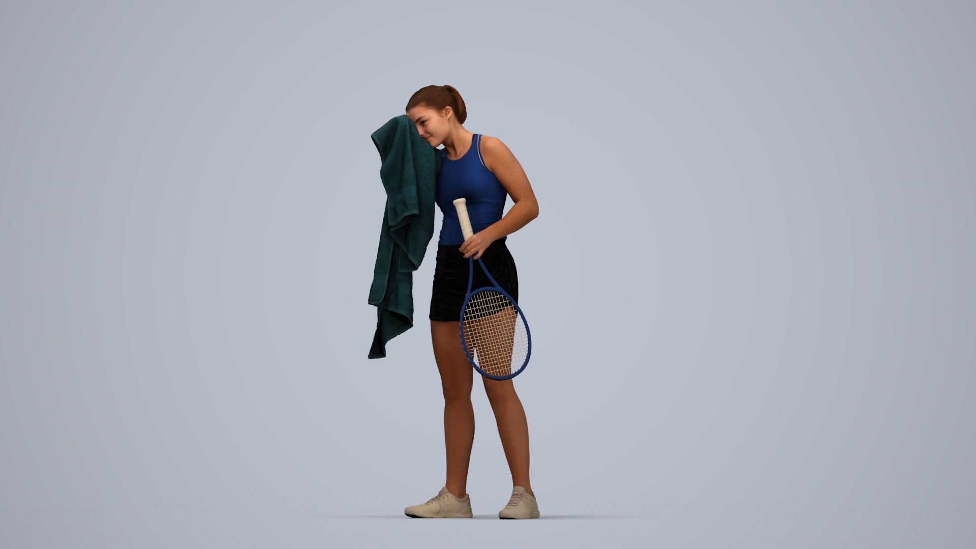 3D human model girl sport, photogrammetry scanned person for archviz, top-down view render