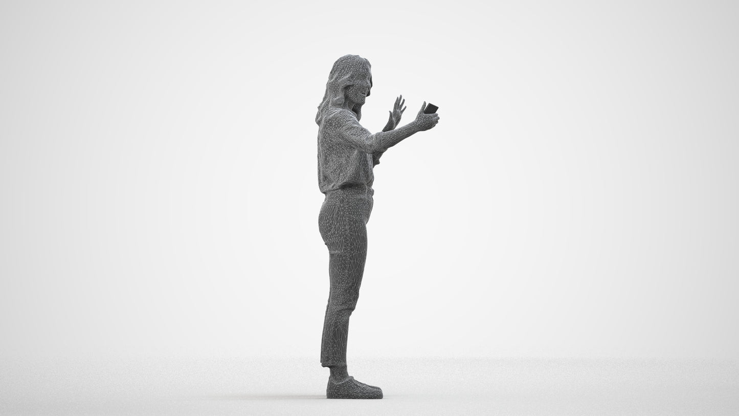 3D scanned woman standing casual, photorealistic archviz people for Enscape and SketchUp, wireframe side view