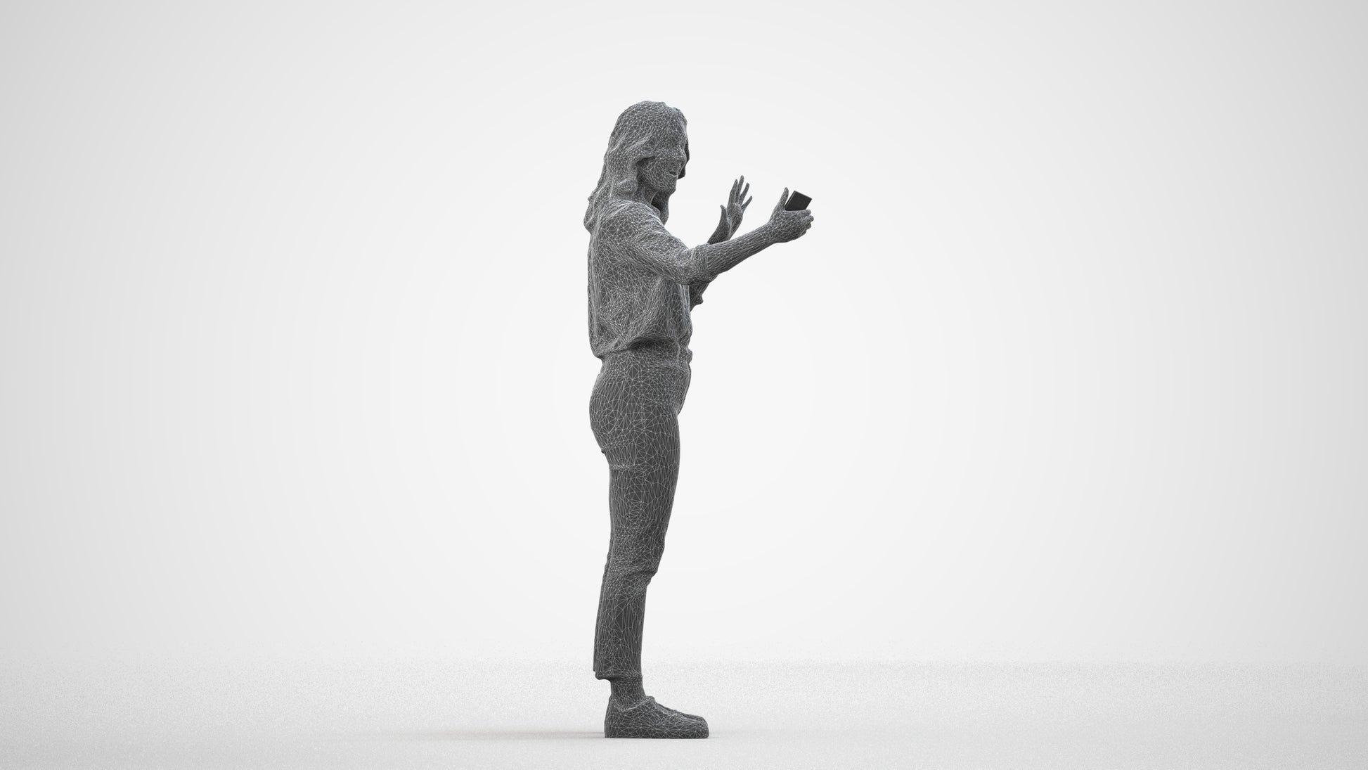 3D scanned woman standing casual, photorealistic archviz people for Enscape and SketchUp, wireframe side view