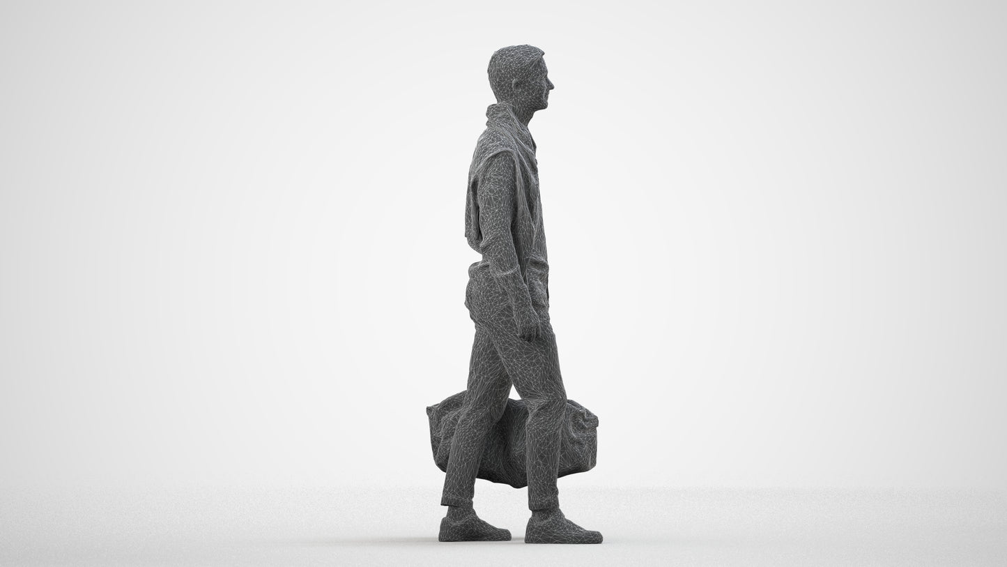 realistic 3D man casual walking, scanned archviz people for Blender and 3ds Max, wireframe side view