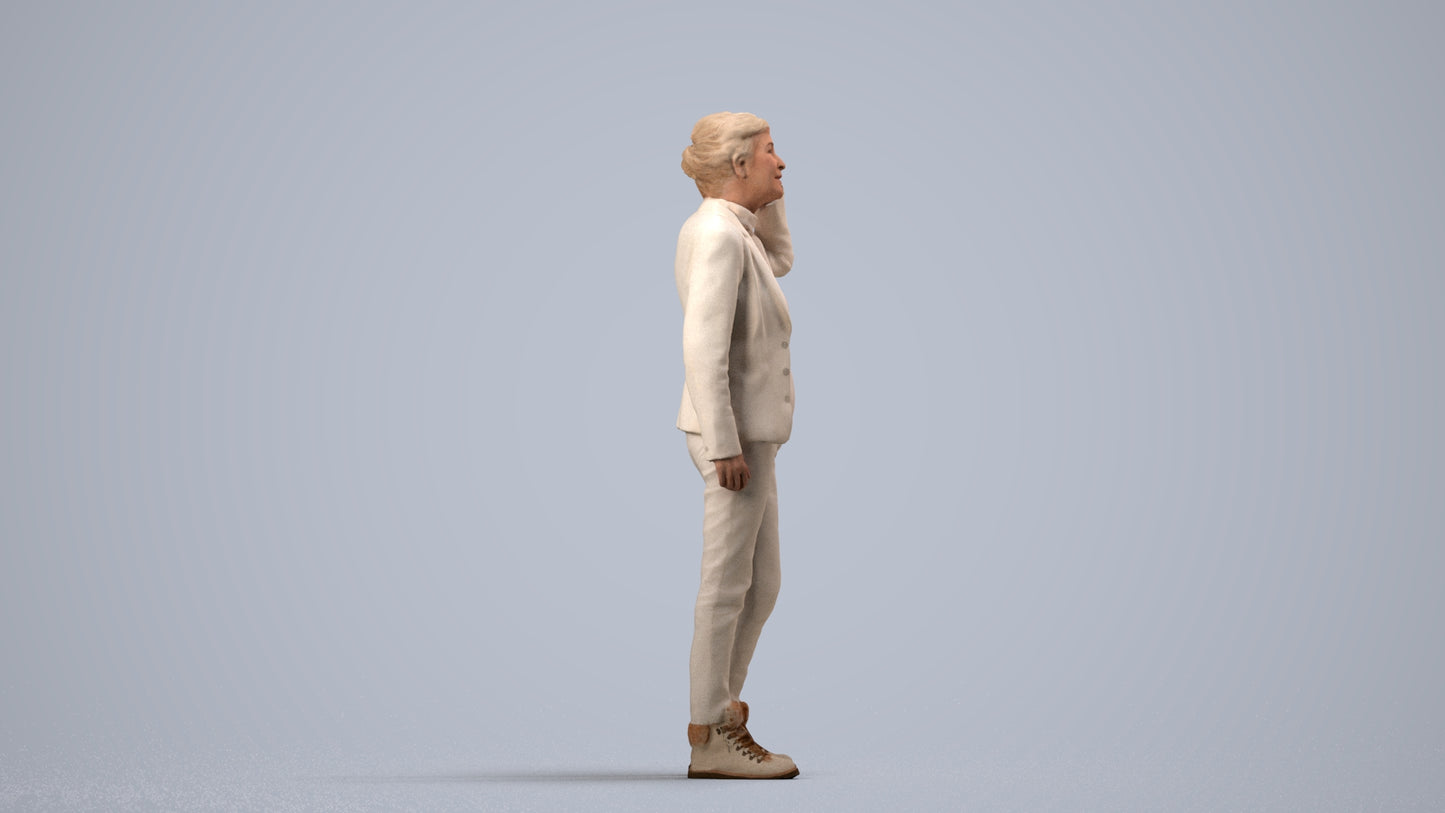 3D scanned senior woman standing business, photorealistic archviz people for Enscape and SketchUp, side view render