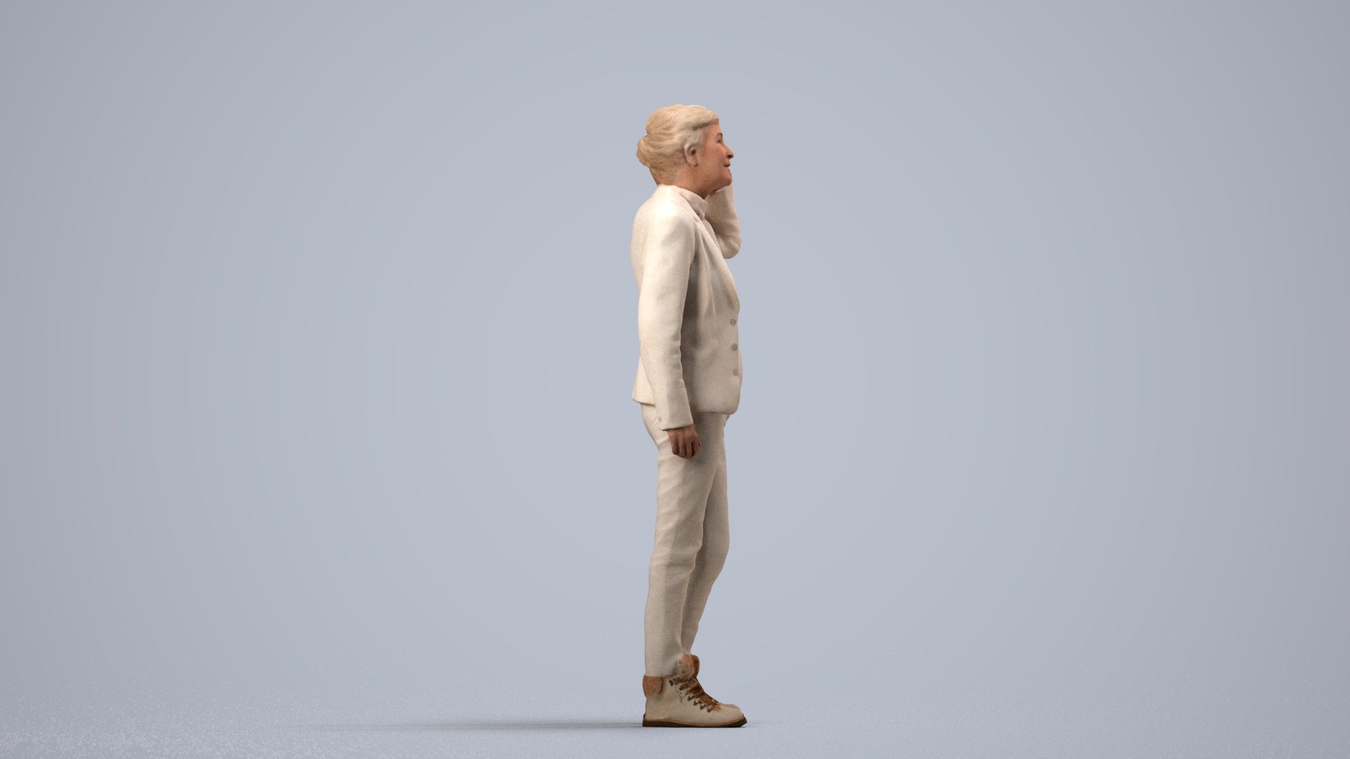 3D scanned senior woman standing business, photorealistic archviz people for Enscape and SketchUp, side view render