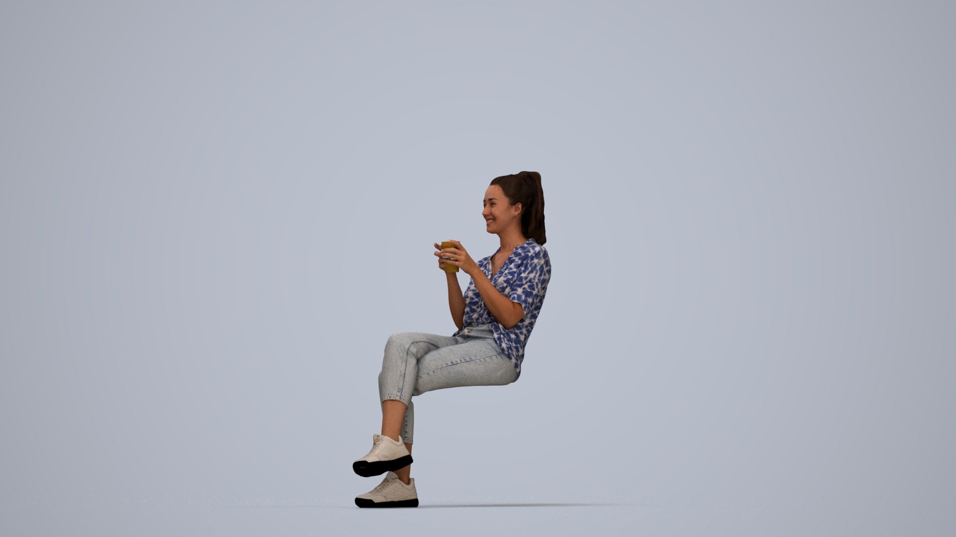 realistic 3D woman casual sitting, scanned archviz people for Blender and 3ds Max, top-down view render
