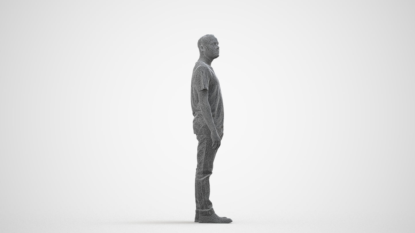 3D people model man casual standing, scanned human for 3ds Max rendering, wireframe side view