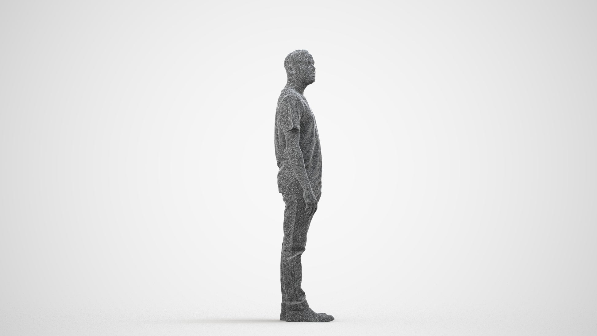 3D people model man casual standing, scanned human for 3ds Max rendering, wireframe side view