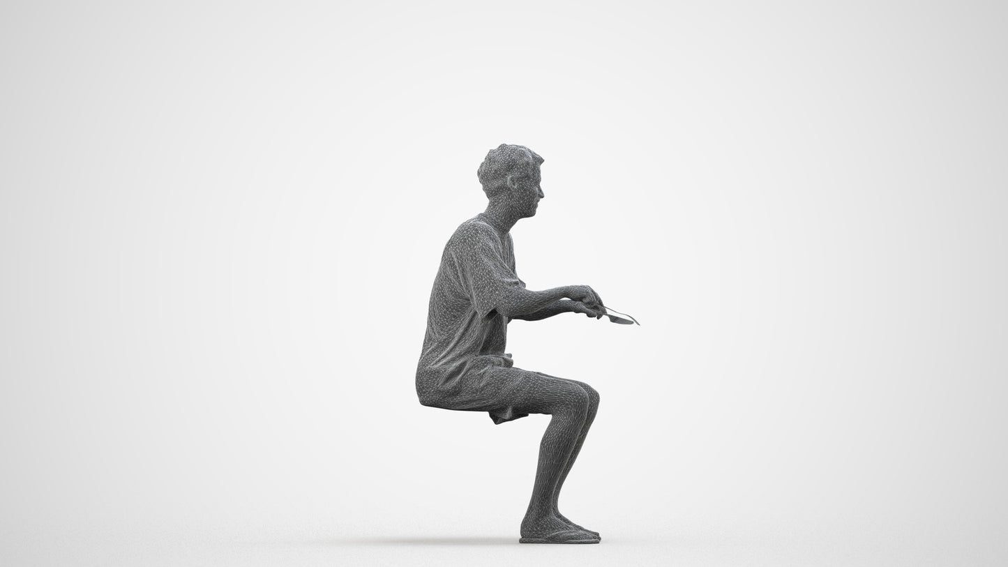 realistic 3D man casual sitting, scanned archviz people for Blender and 3ds Max, wireframe side view