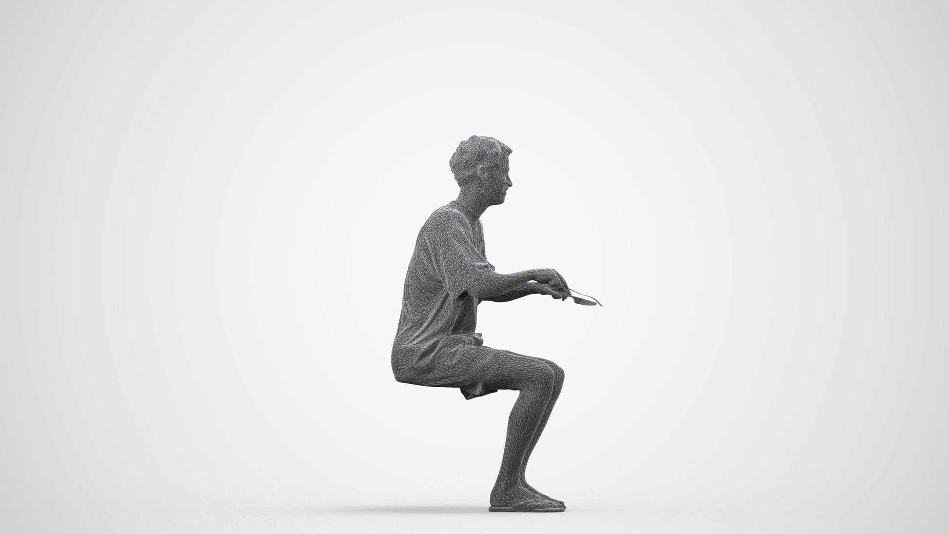 realistic 3D man casual sitting, scanned archviz people for Blender and 3ds Max, wireframe side view