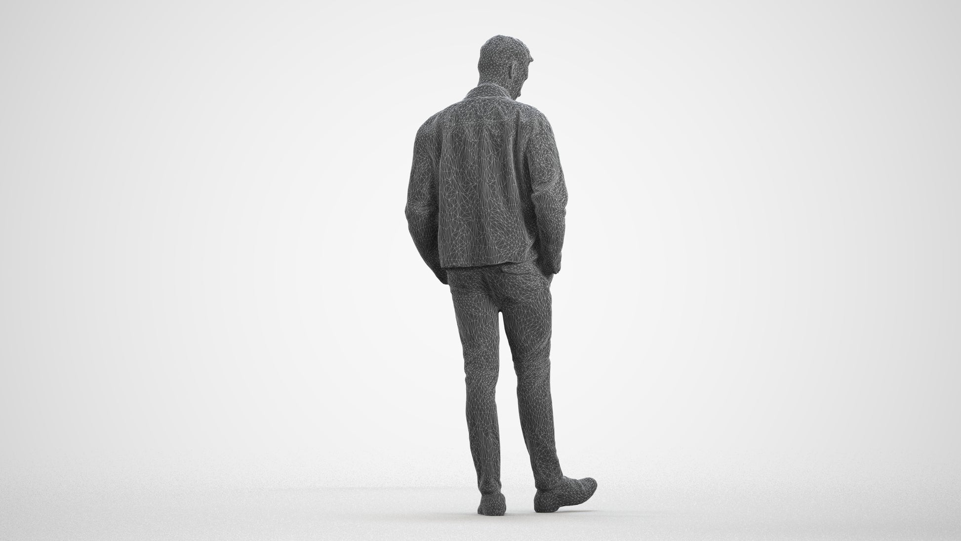 3D people model man casual standing, scanned human for 3ds Max rendering, wireframe front view