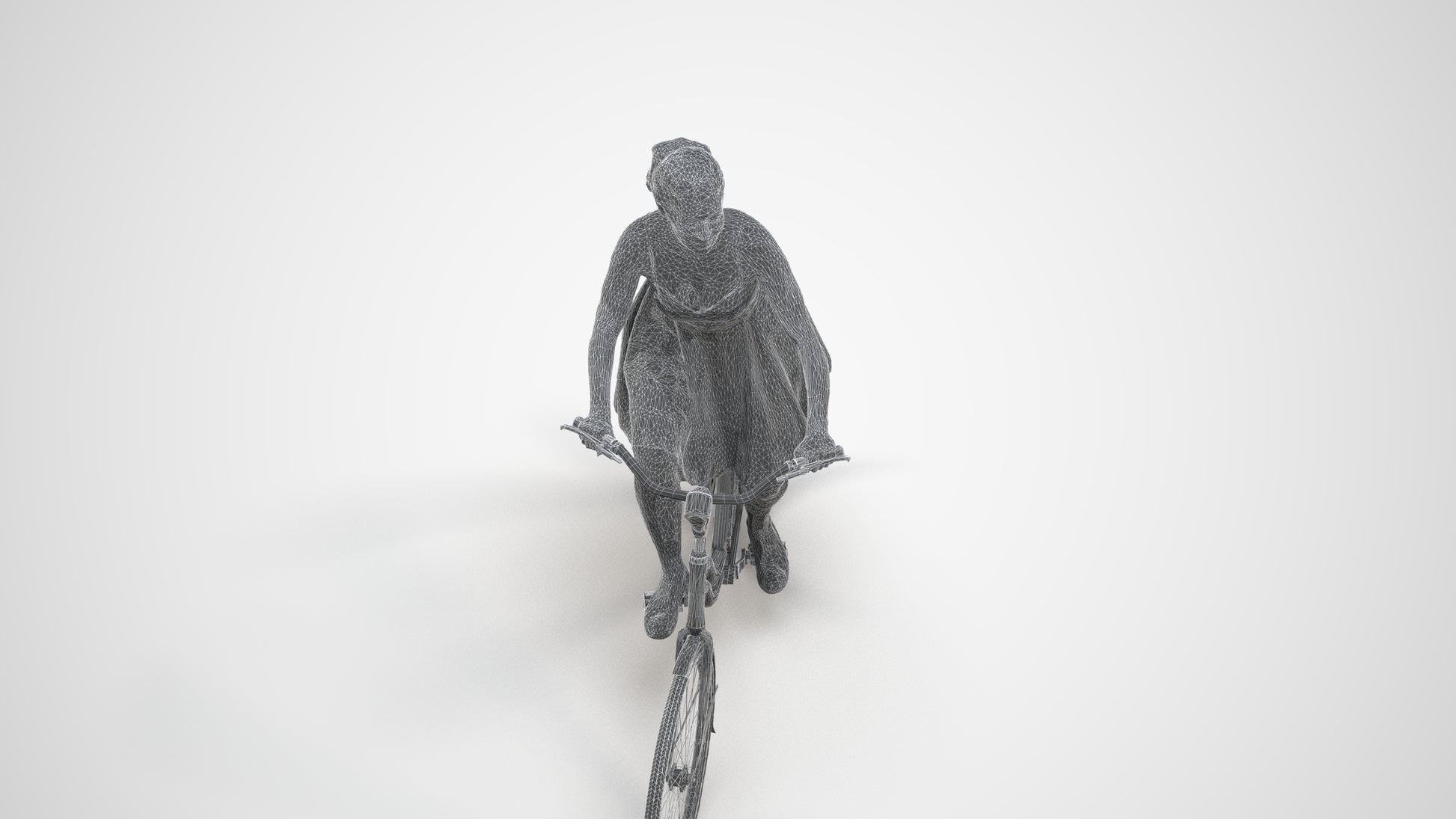 realistic 3D human woman formal cycling, archviz people FBX OBJ for Blender, wireframe three-quarter view