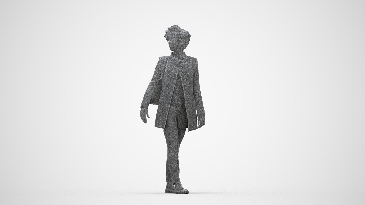 3D human model woman business walking, photogrammetry scanned person for archviz, wireframe back view