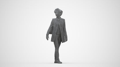 3D human model woman business walking, photogrammetry scanned person for archviz, wireframe back view