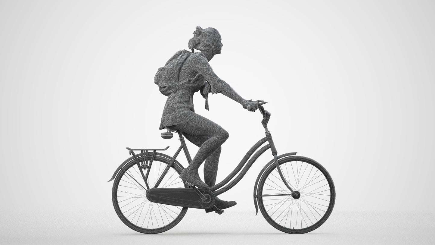 photogrammetry 3D girl casual cycling, realistic human model archviz FBX, wireframe side view
