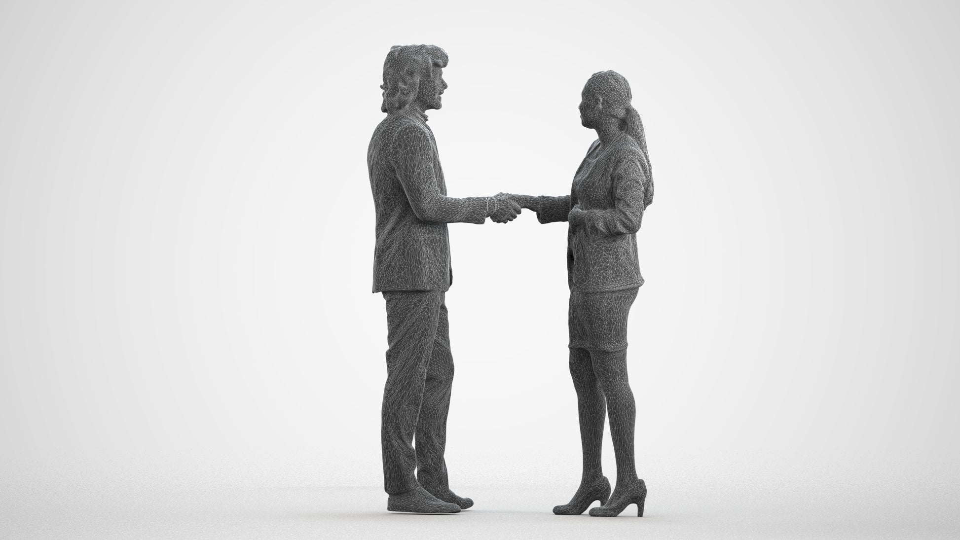 3D human model woman business, photogrammetry scanned person for archviz, wireframe front view