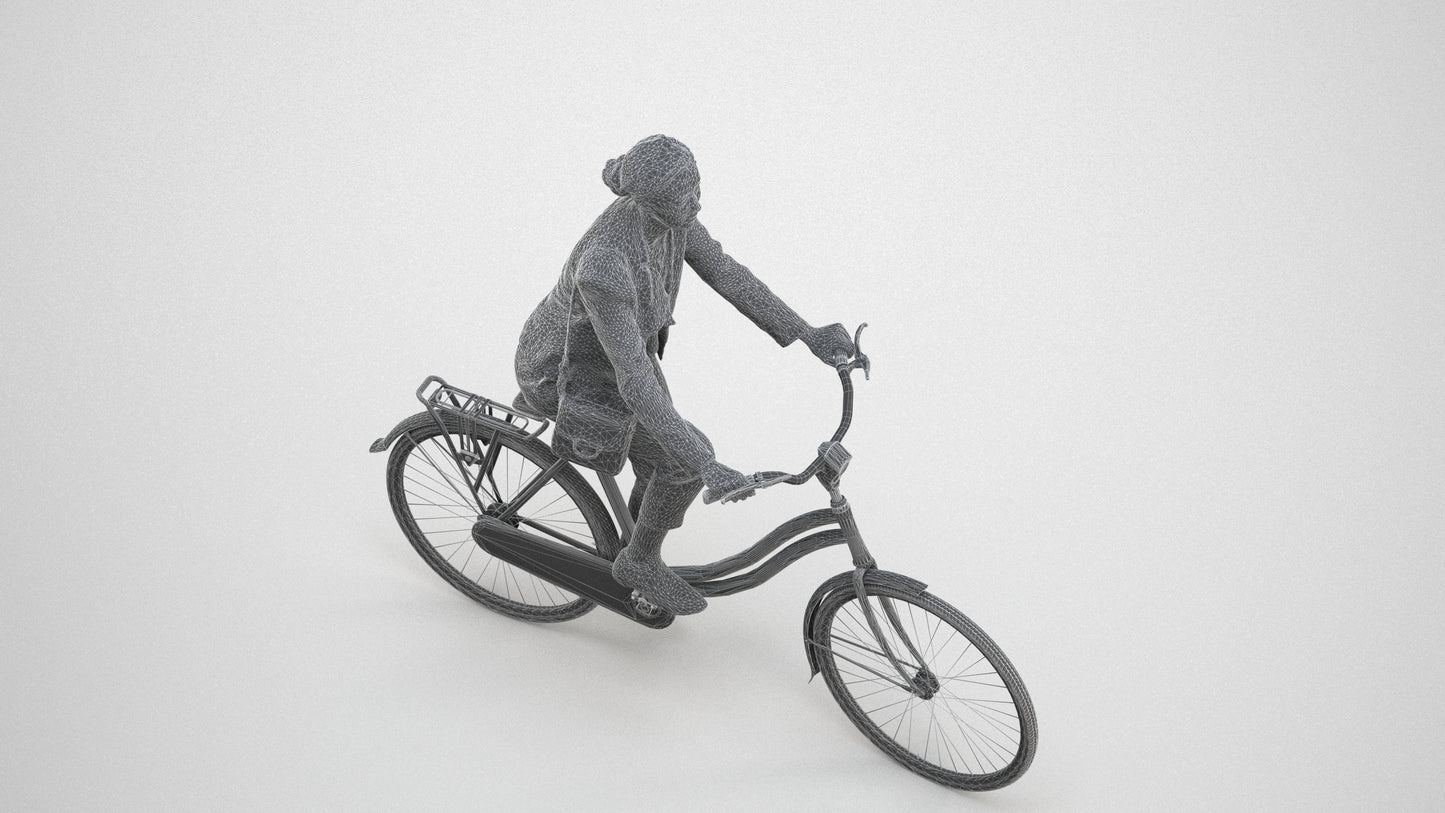realistic 3D woman business cycling, scanned archviz people for Blender and 3ds Max, wireframe three-quarter view