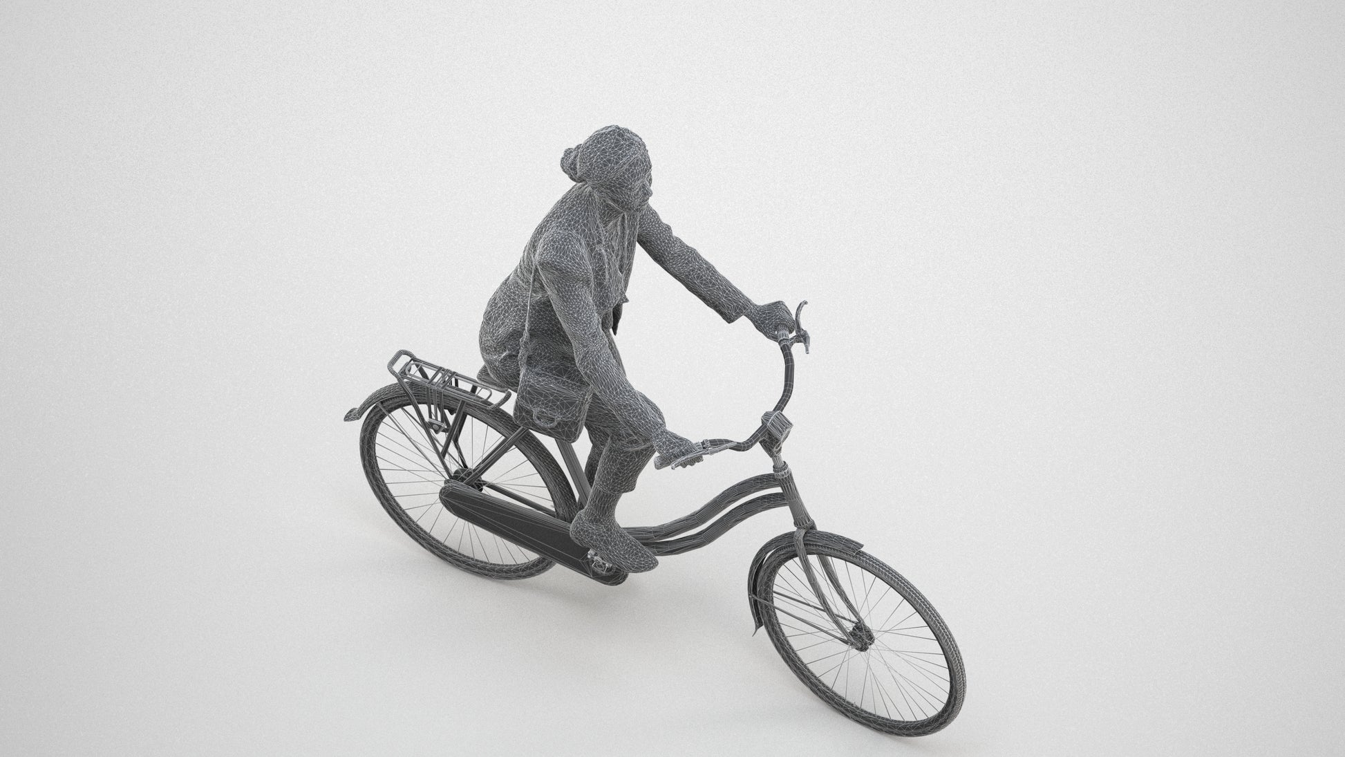 realistic 3D woman business cycling, scanned archviz people for Blender and 3ds Max, wireframe three-quarter view