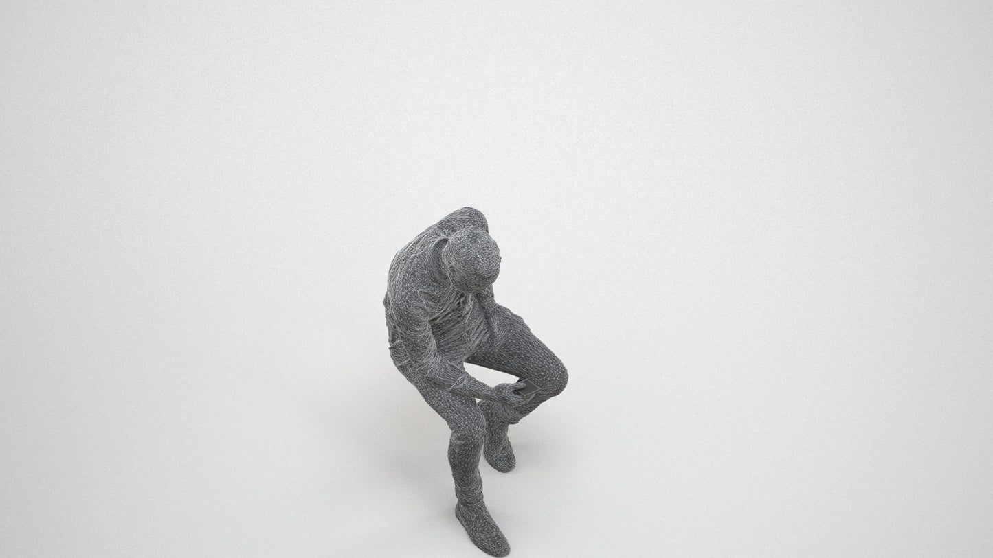 3D people model man casual sitting, scanned human for 3ds Max rendering, wireframe three-quarter view
