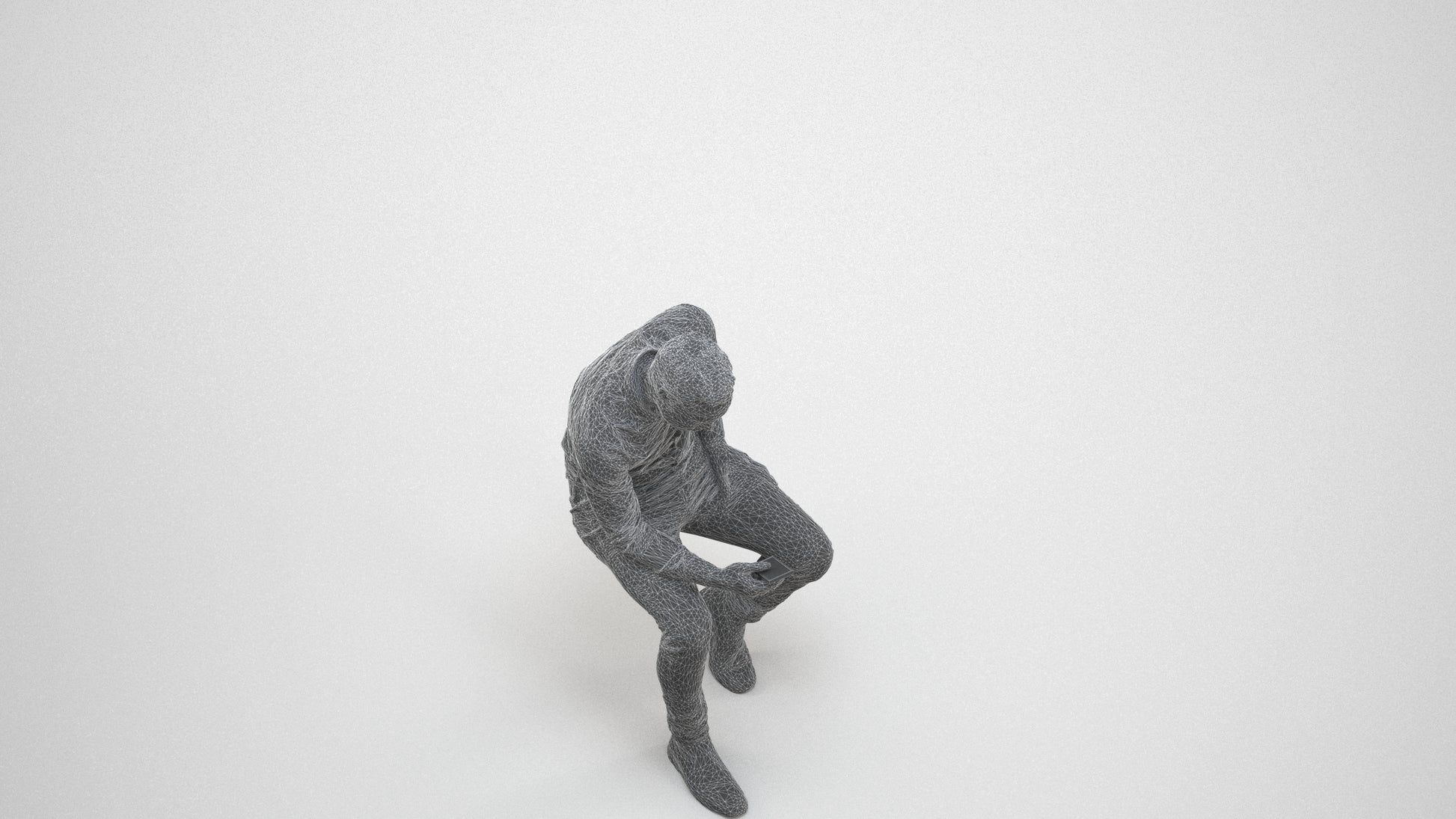 3D people model man casual sitting, scanned human for 3ds Max rendering, wireframe three-quarter view