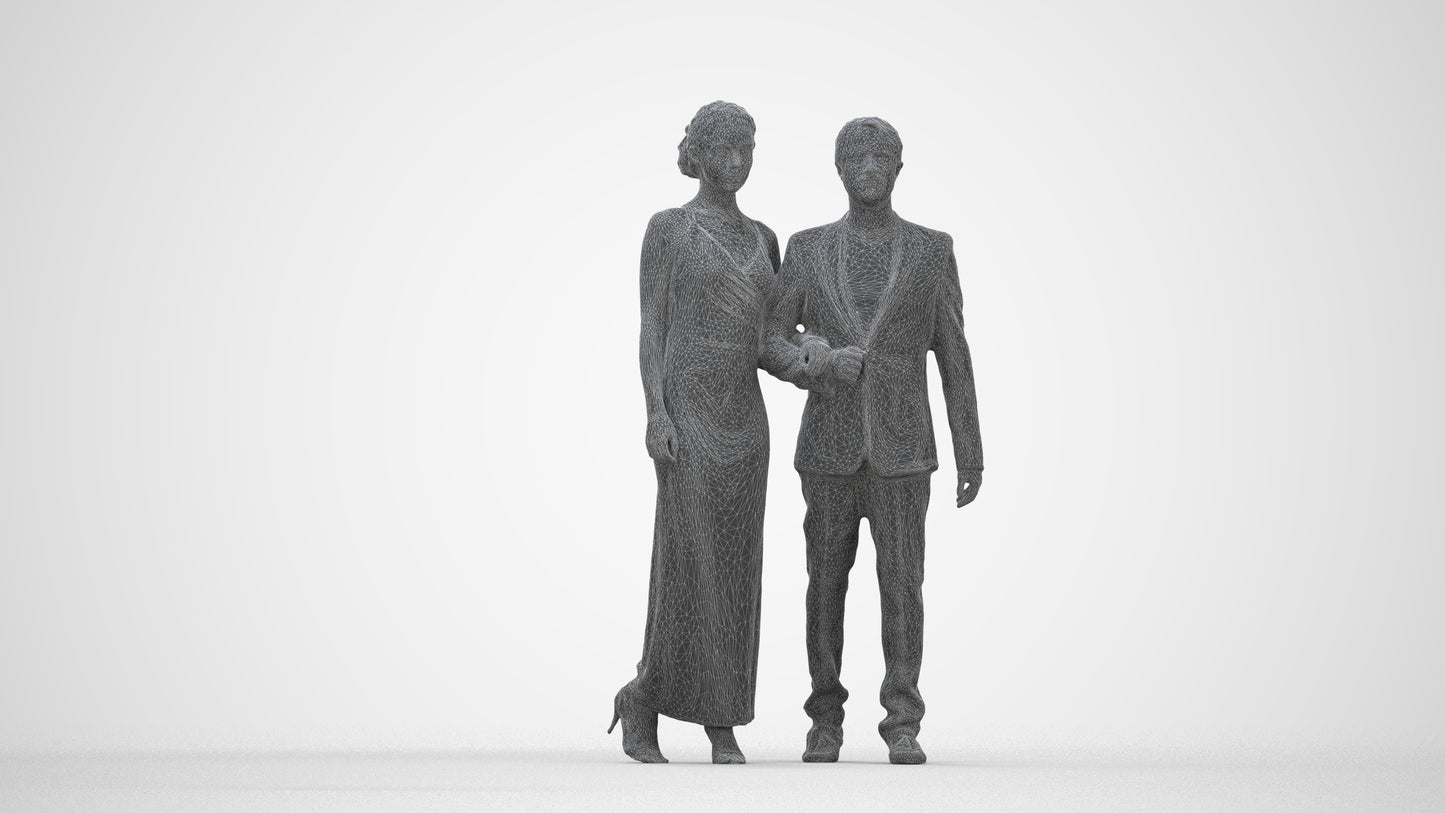 3D scanned woman couple formal, photorealistic archviz people for Enscape and SketchUp, wireframe back view