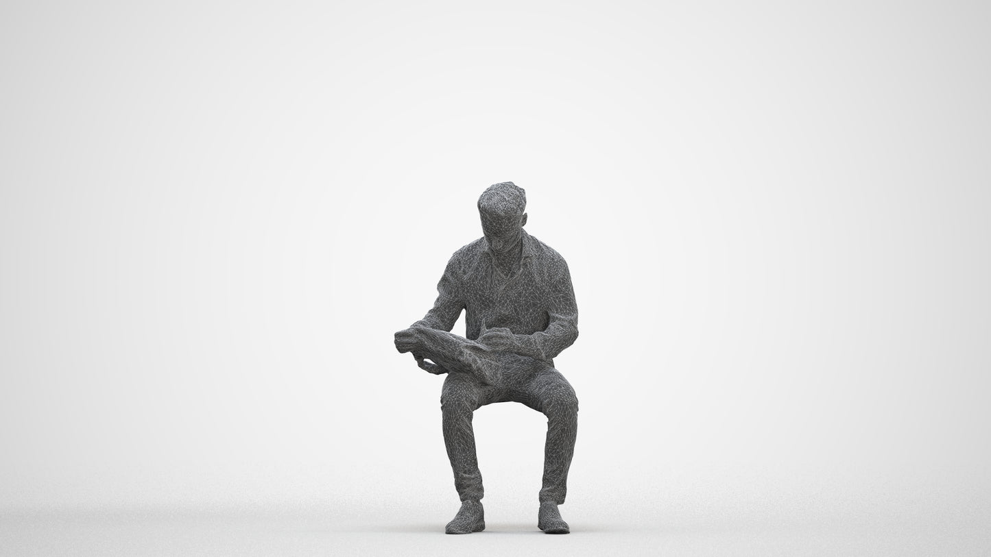 photogrammetry 3D man business sitting, realistic human model archviz FBX, three-quarter front view render