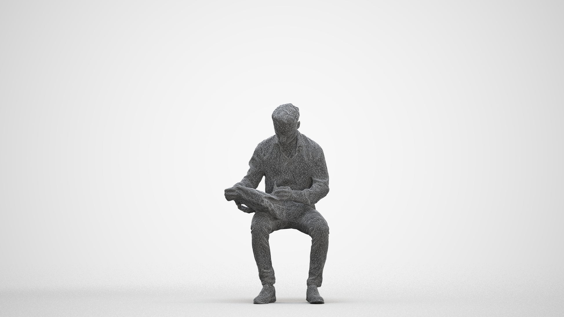 photogrammetry 3D man business sitting, realistic human model archviz FBX, three-quarter front view render