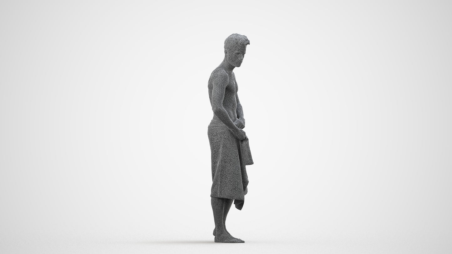 3D human model man casual bathroom, photogrammetry scanned person for archviz, wireframe side view