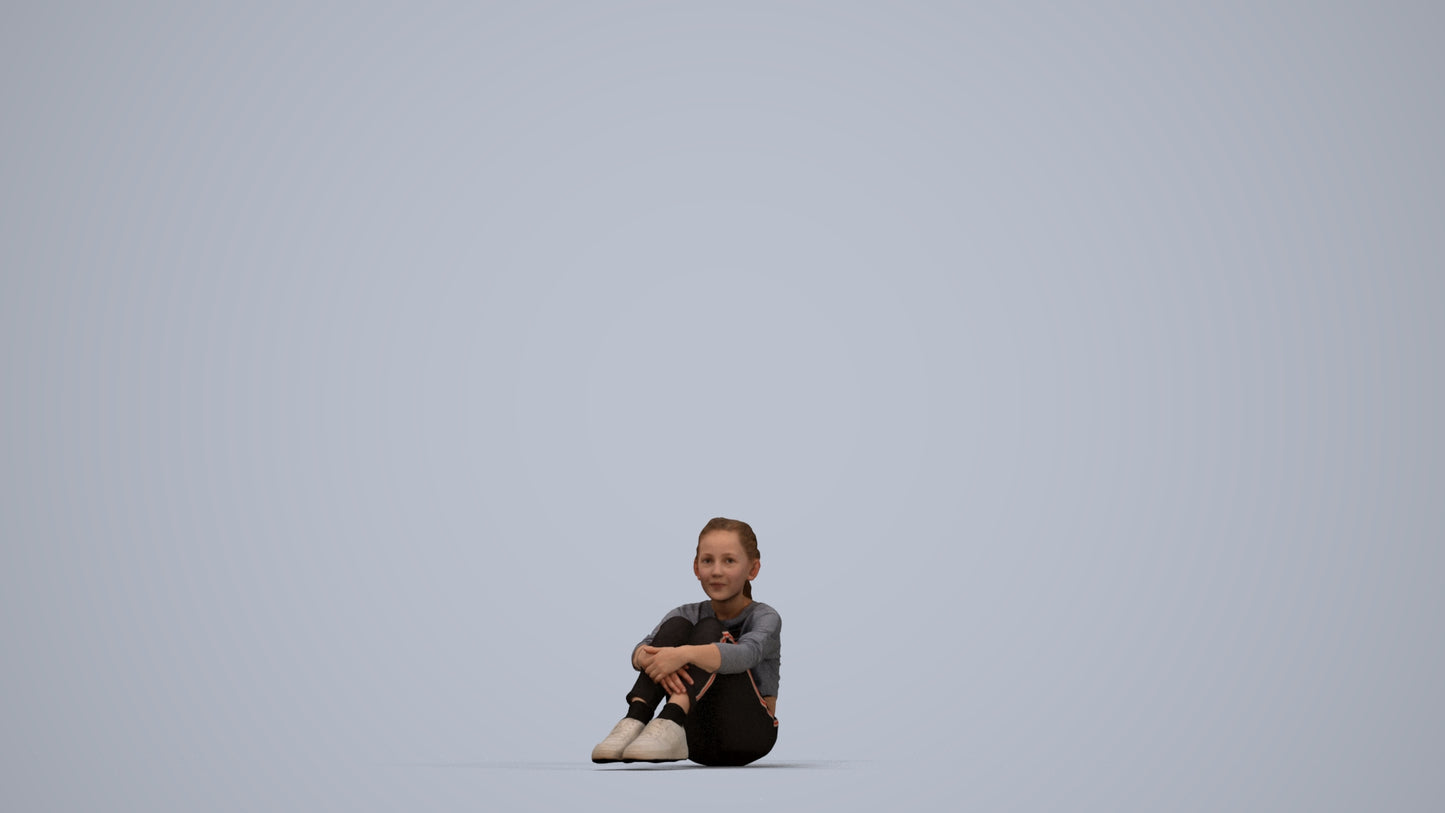 realistic 3D girl casual kids, scanned archviz people for Blender and 3ds Max, top-down view render