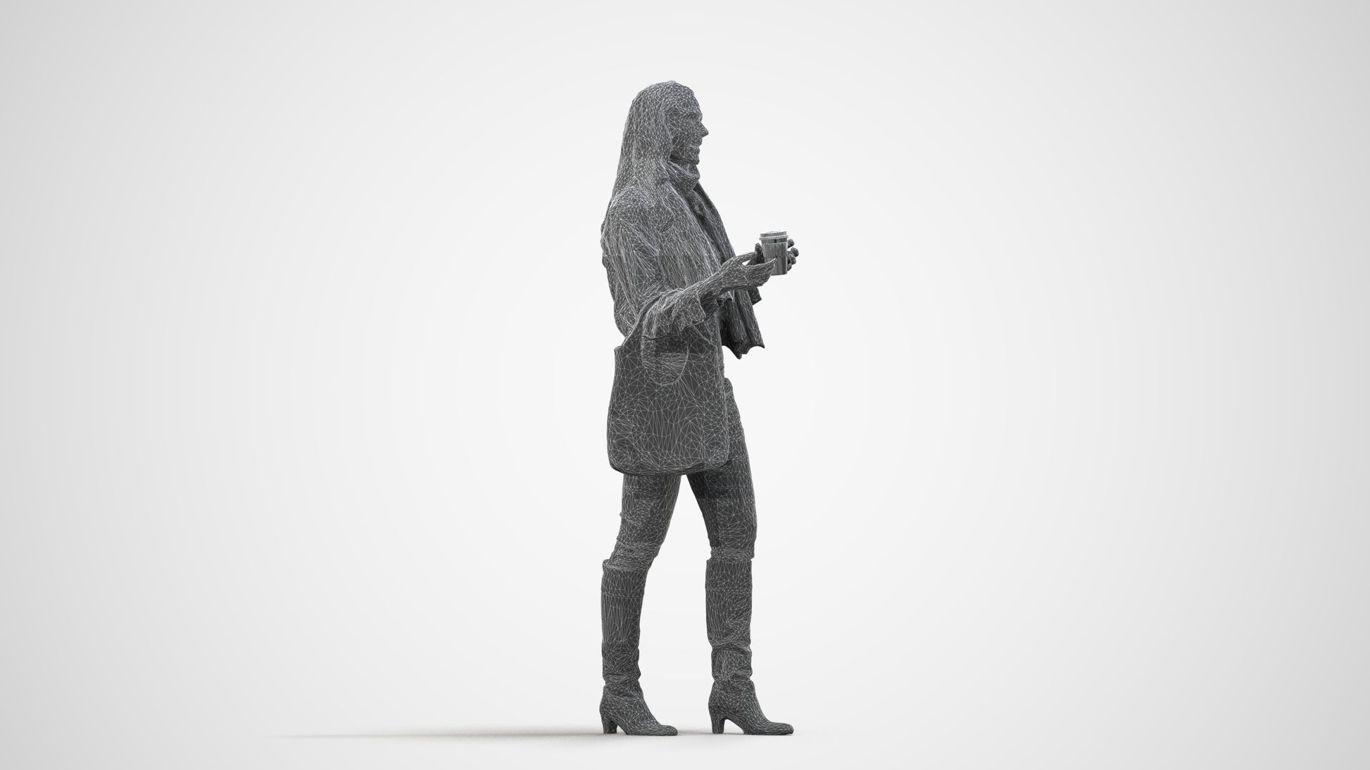 3D human model woman casual standing, photogrammetry scanned person for archviz, wireframe side view