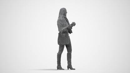 3D human model woman casual standing, photogrammetry scanned person for archviz, wireframe side view