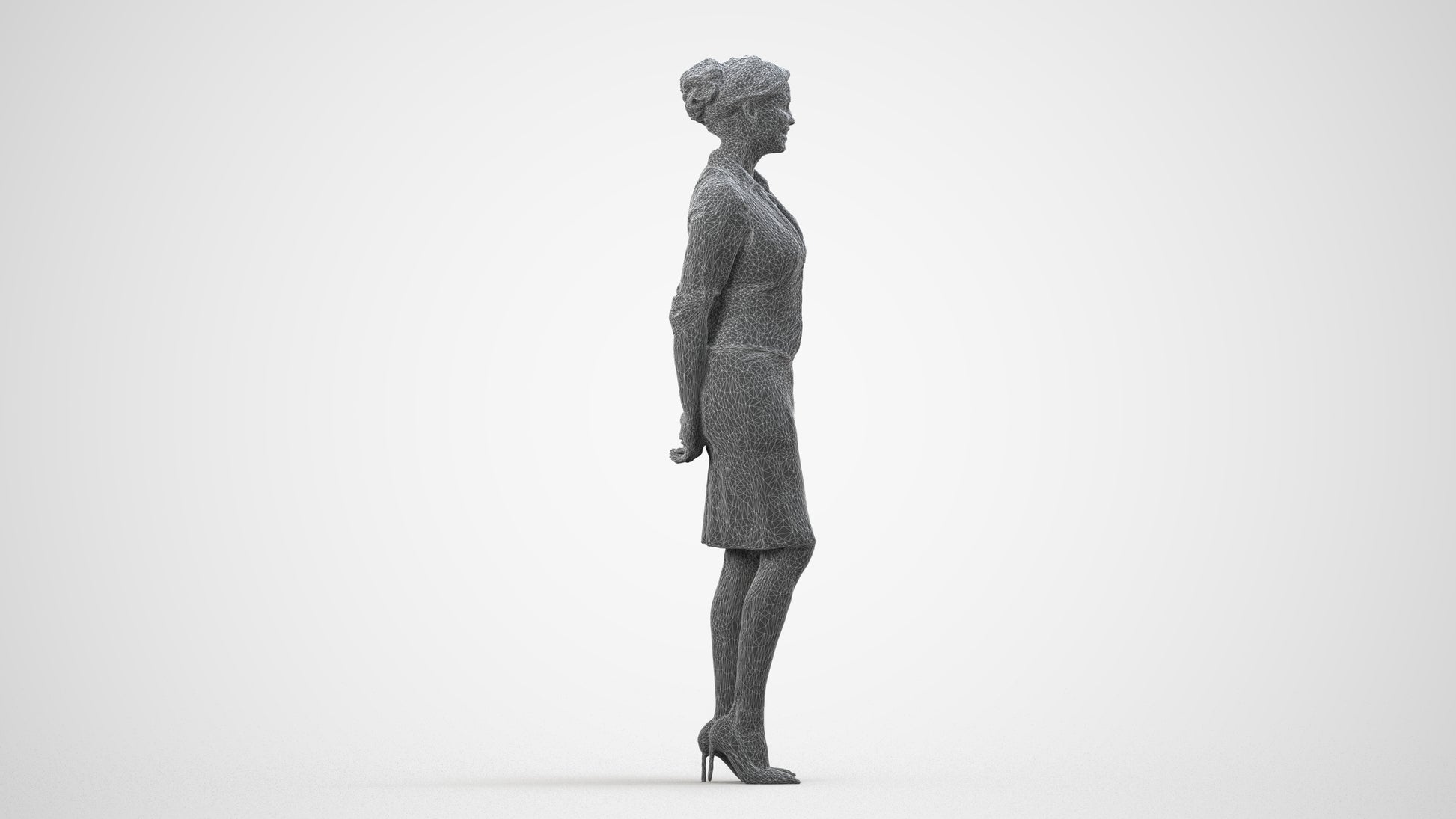 realistic 3D people woman hospitality, render-ready for V-Ray and Corona, FBX OBJ, wireframe side view